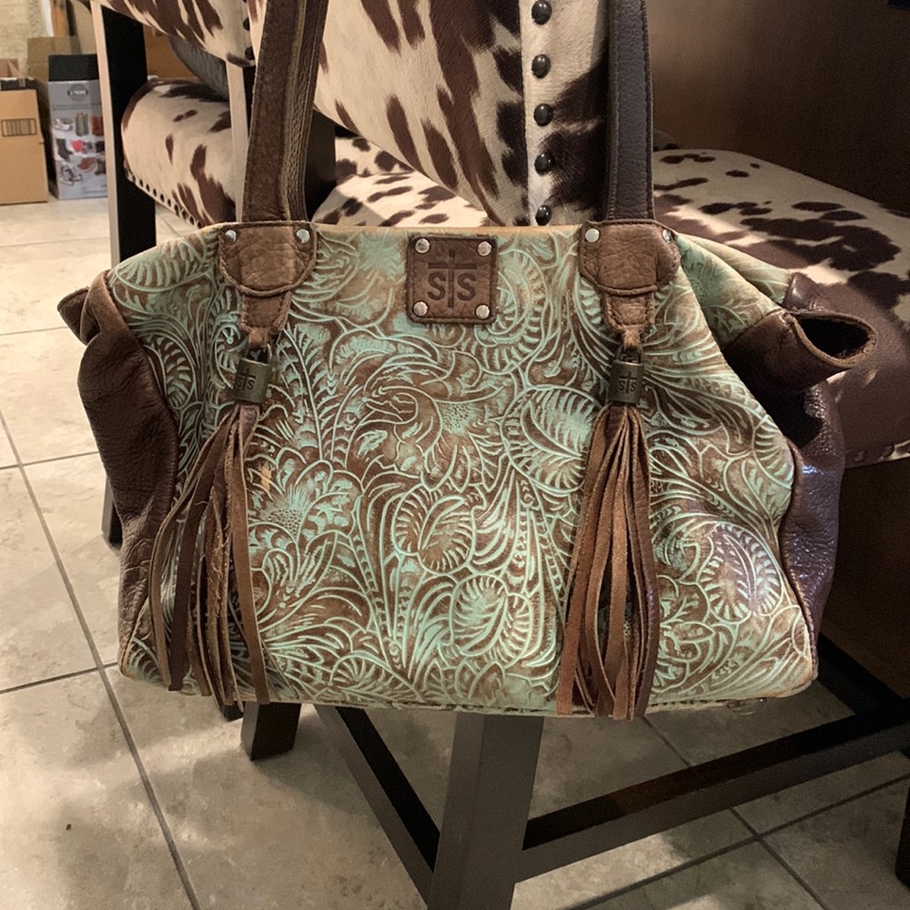 STS Ranch turquoise floral tooled tote purse